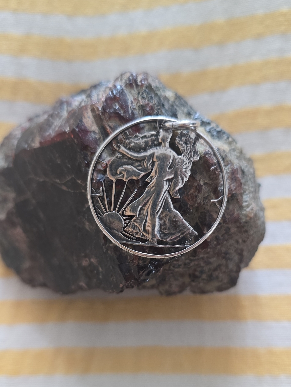 Sterling Silver Walking Liberty Circle Pendant - Silver
